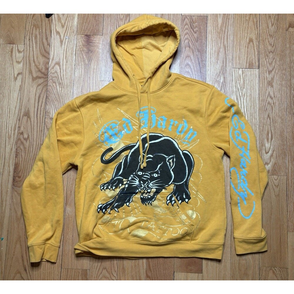 Y2K Ed Hardy Hoodie Sweatshirt Pullover Black Panther Graphic Yellow Size Large